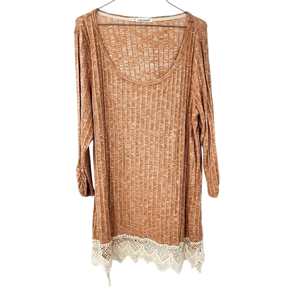 MAURICES Light Brown Lace Trimmed Long Sleeve Top Womens Size 1X